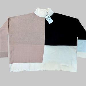 THML Oversized ColorBlock Boxy Turtleneck Poncho Sweater Modern Black Cream Tan